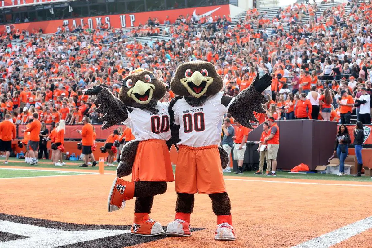 Mascots in front of a crowd of people cheering for a game.